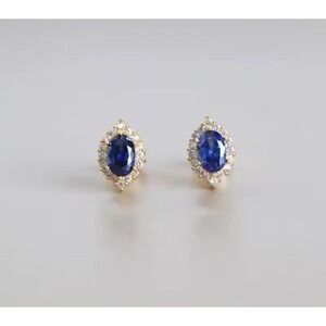 Oval Blue Lab Sapphire Earrings‎ 18k Gold over 925 Silver Halo Studs Dainty